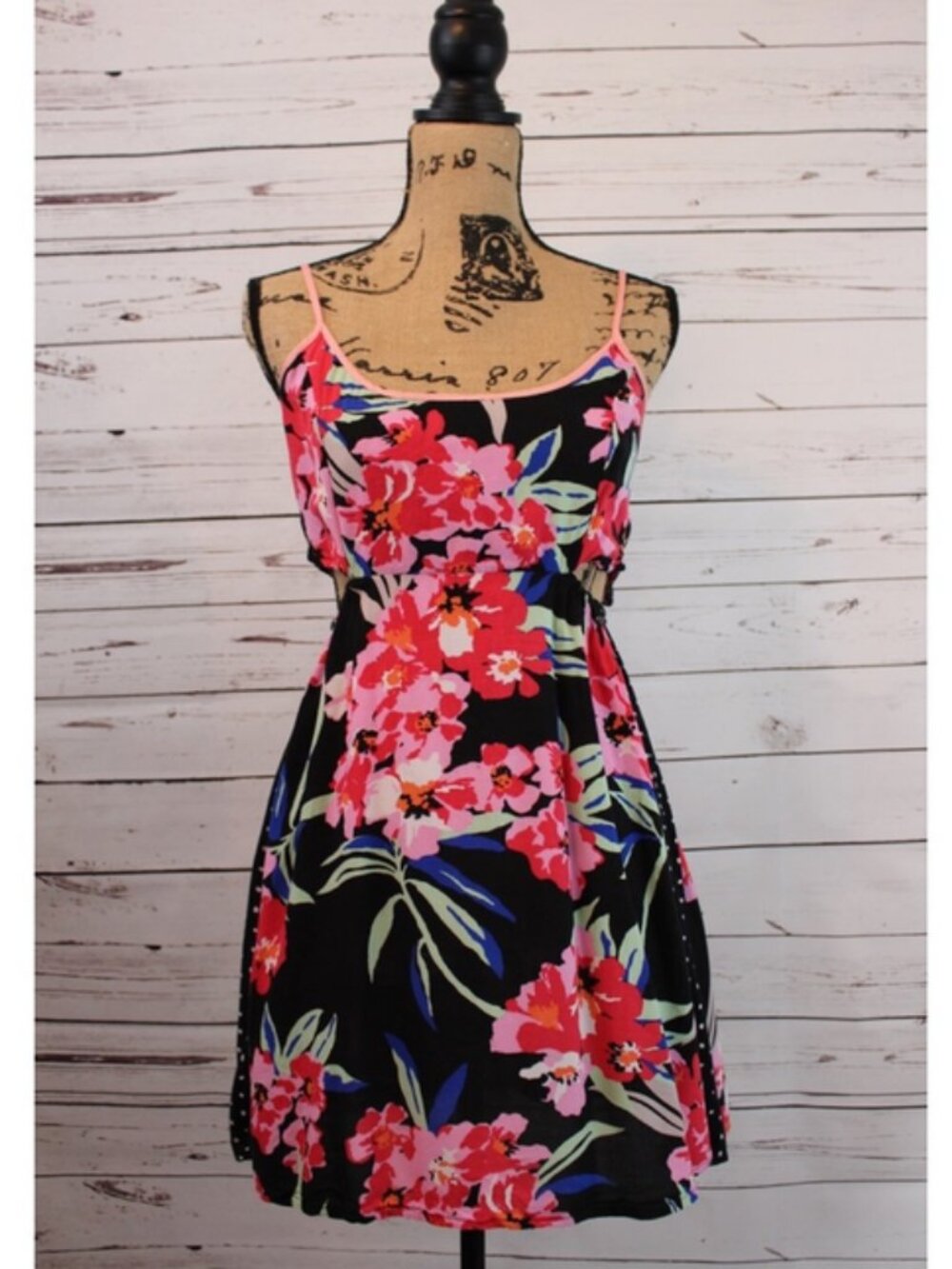 Roxy Black Pink Floral Print Polka Dot Cut Out Mini Slip Dress